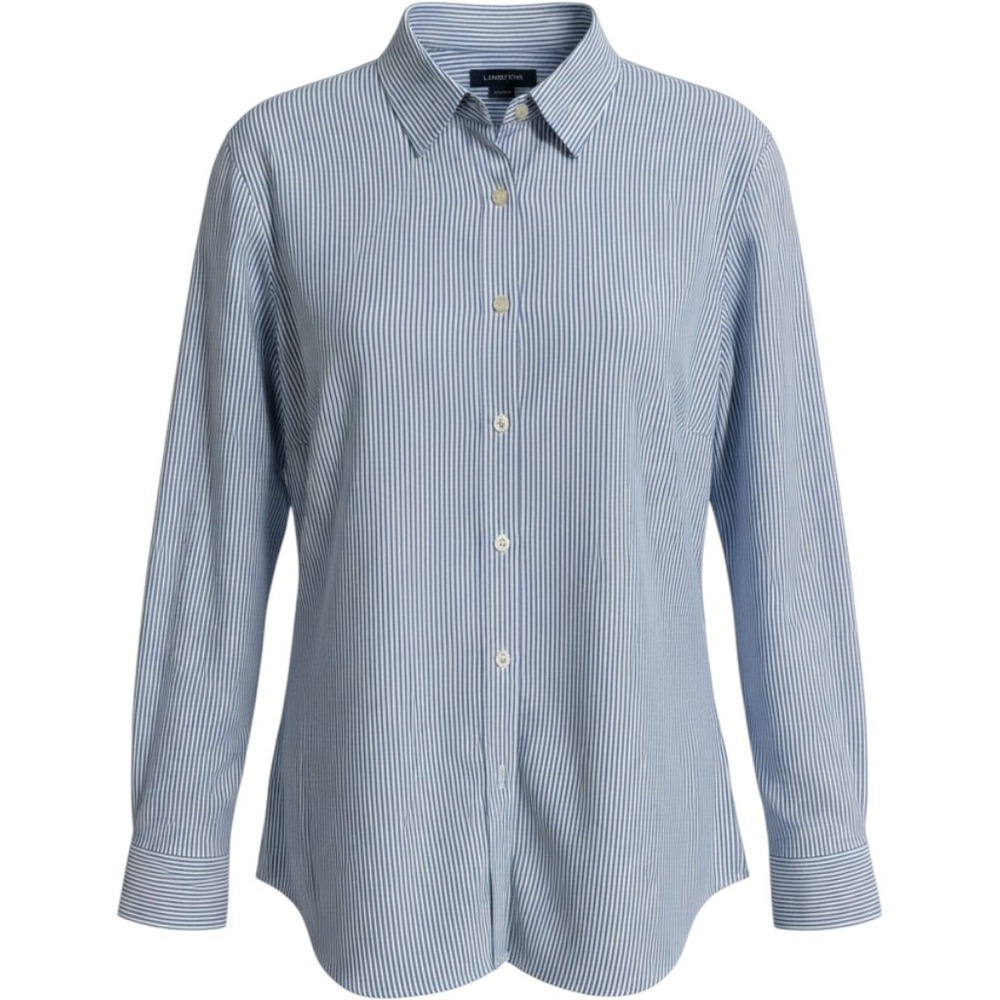 Lands End Womens No Iron Pinpoint Oxford Stripe Button Down Shirt Blue White 12